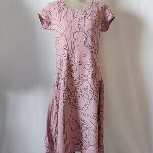Grizas Women's S Pink Floral Sketch Print Short Sleeve Washed Linen Pockets Dres